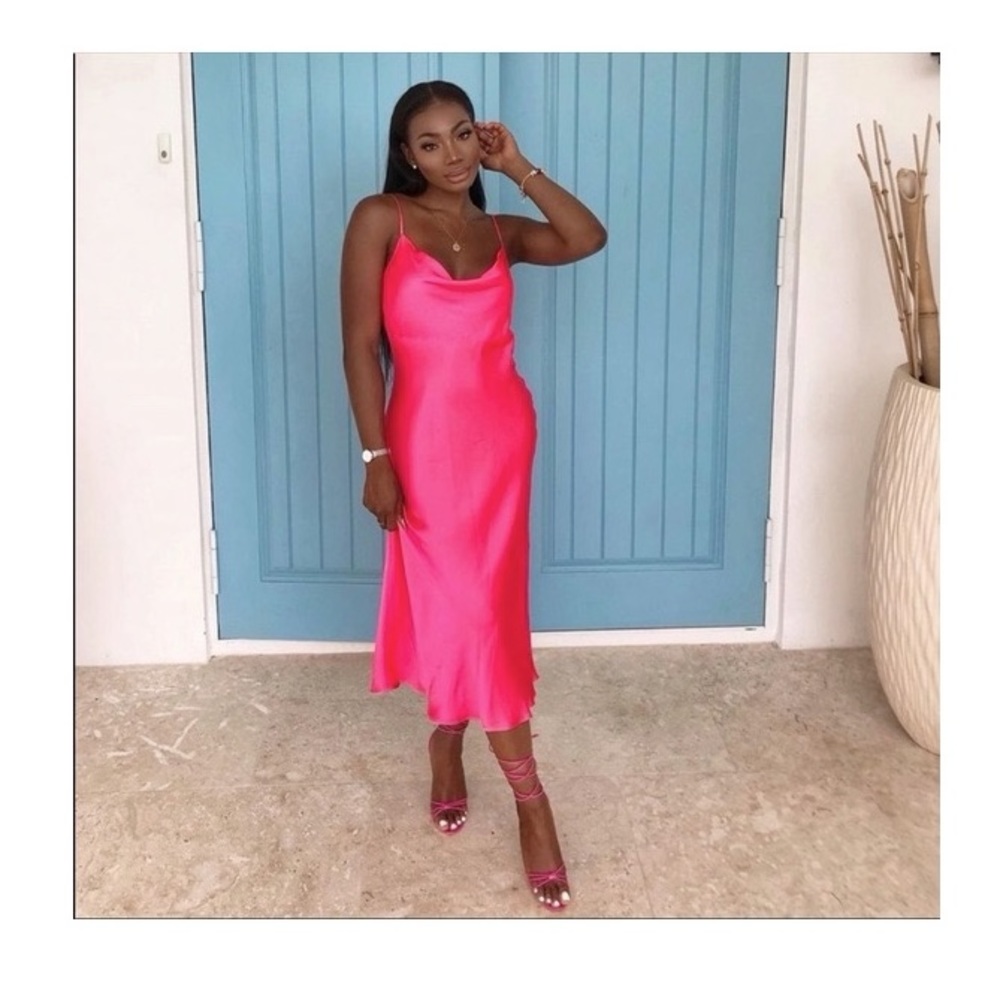 Zara Satin Cami Cowl Neck Fuchsia Slip Midi Dress 💕
